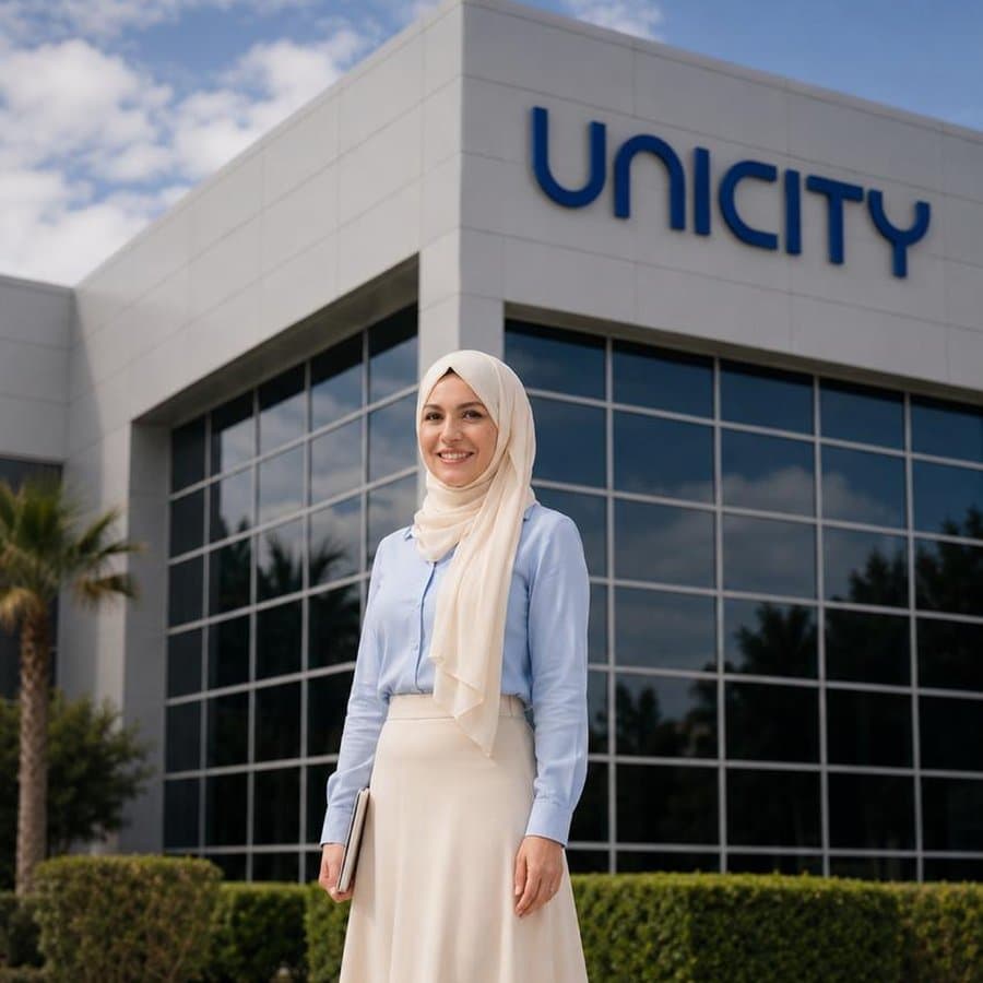 رنا الجندي أمام مبنى شركة Unicity