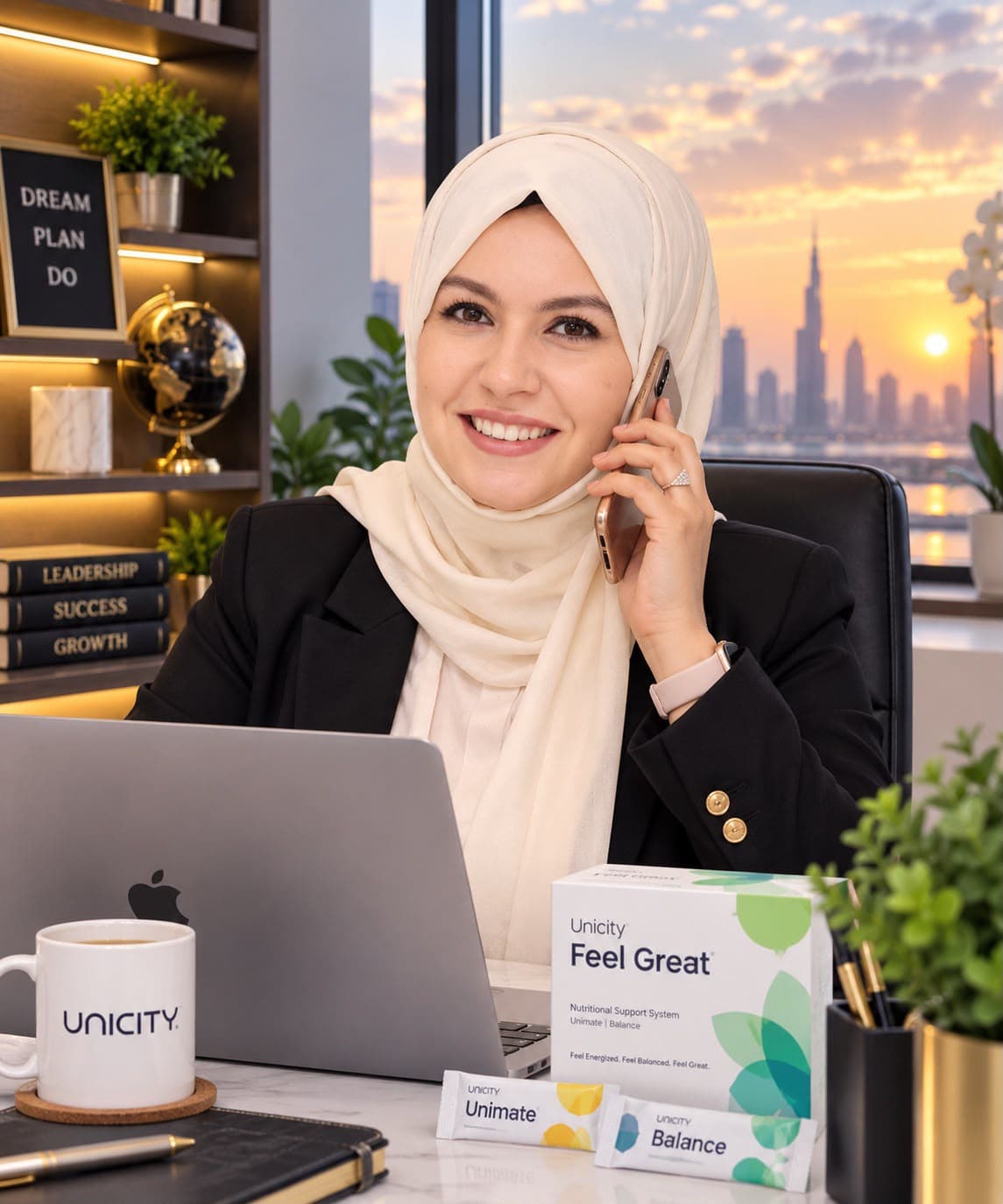 رنا الجندي في مكتبها مع منتجات Feel Great
